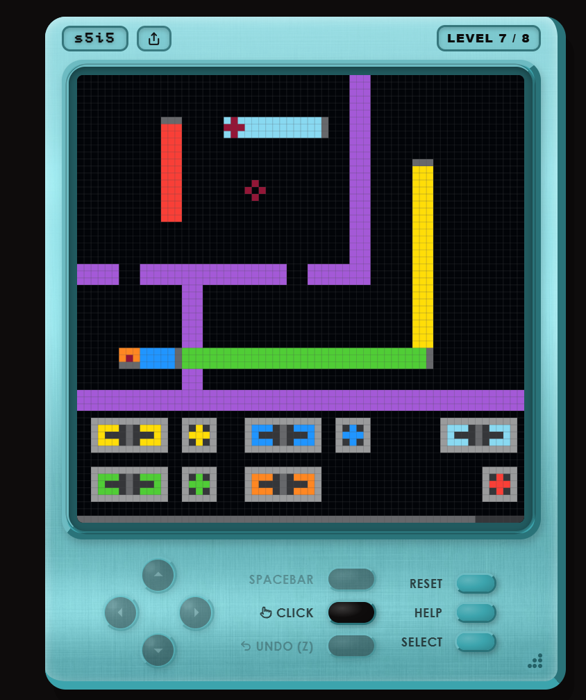 s5i5, level 7: human play, light blue rod overgrown by one segment
