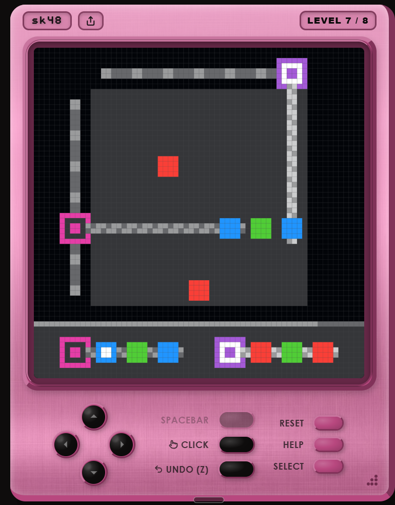 sk48, level 7: human play, a second run, one green for two skewers