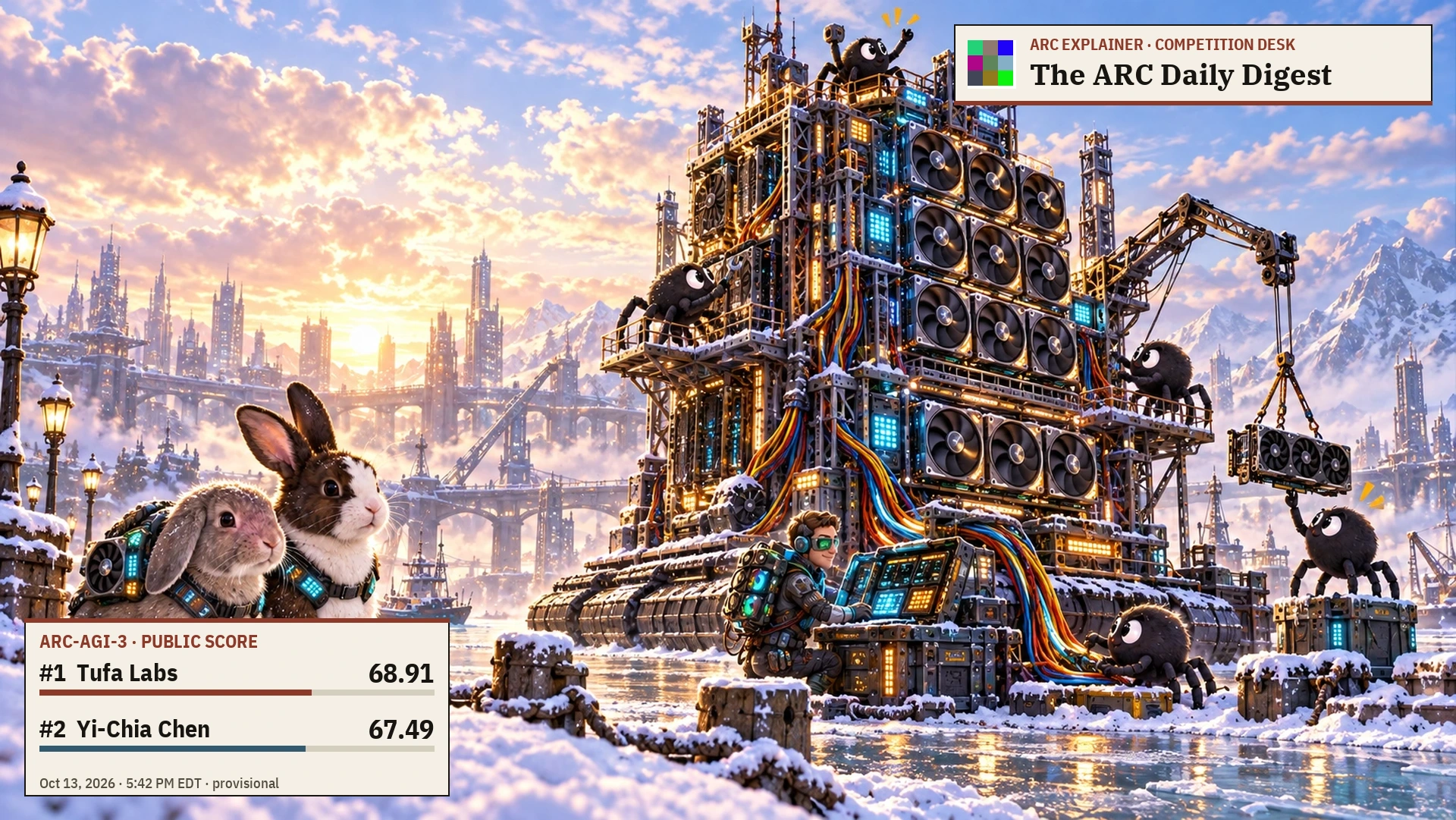 Editorial illustration for Tufa takes ARC-3 into the evening lead; Vineeth joins the top ten. Tufa Labs: rank 1, score 68.91; Yi-Chia Chen: rank 2, score 67.49.