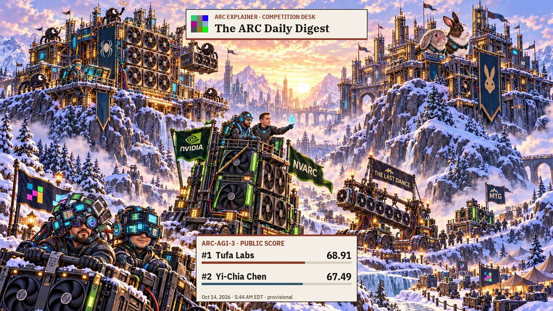 The ARC-3 field as a snowy GPU valley: Tufa spiders and Chen’s two rabbits hold neighboring ridge forts; Puget and Sorokin advance on a green NVARC siege tower; Mark and Son operate a machine below. The Last Dance and mtg have labelled GPU machines. Morning score panel: Tufa #1, 68.91; Yi-Chia Chen #2, 67.49.