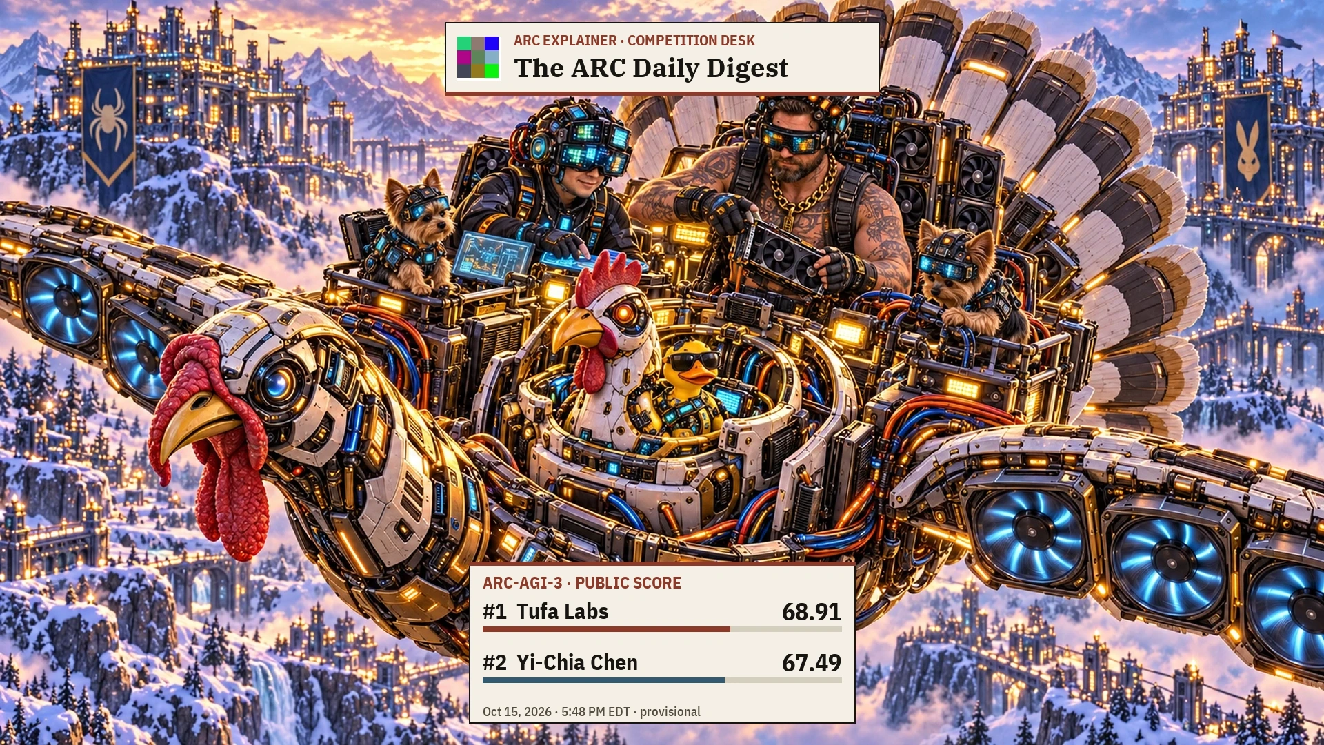 Editorial illustration for Son & Mark & Ronen take third as Argon puts the harness in focus. Tufa Labs: rank 1, score 68.91; Yi-Chia Chen: rank 2, score 67.49.