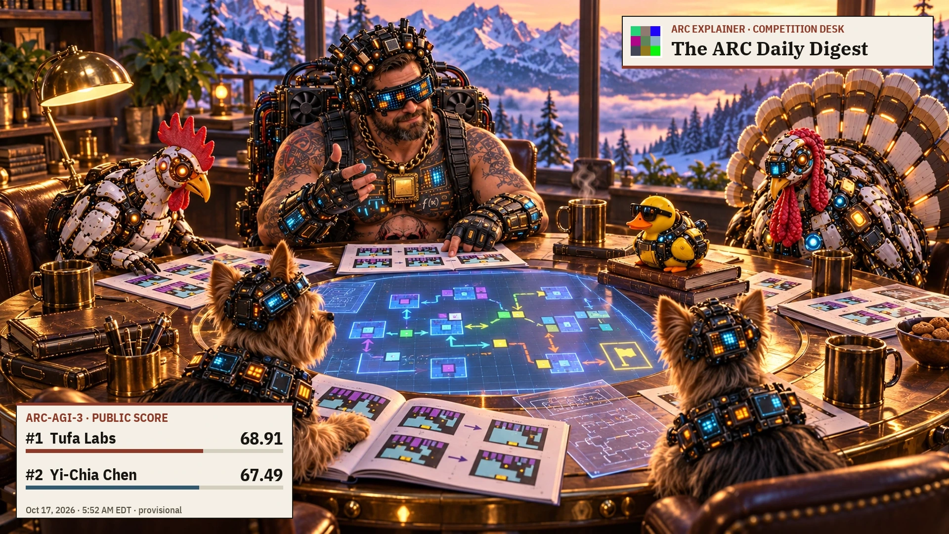 AI editorial illustration: head human editor Mark Barney, two Yorkies and three mechanical birds — duck, chicken and turkey — at a dawn conference table. Illustrative puzzle diagrams. ARC-3 score panel: Tufa Labs first, 68.91; Yi-Chia Chen second, 67.49; October 17, 2026, 5:52 AM EDT.