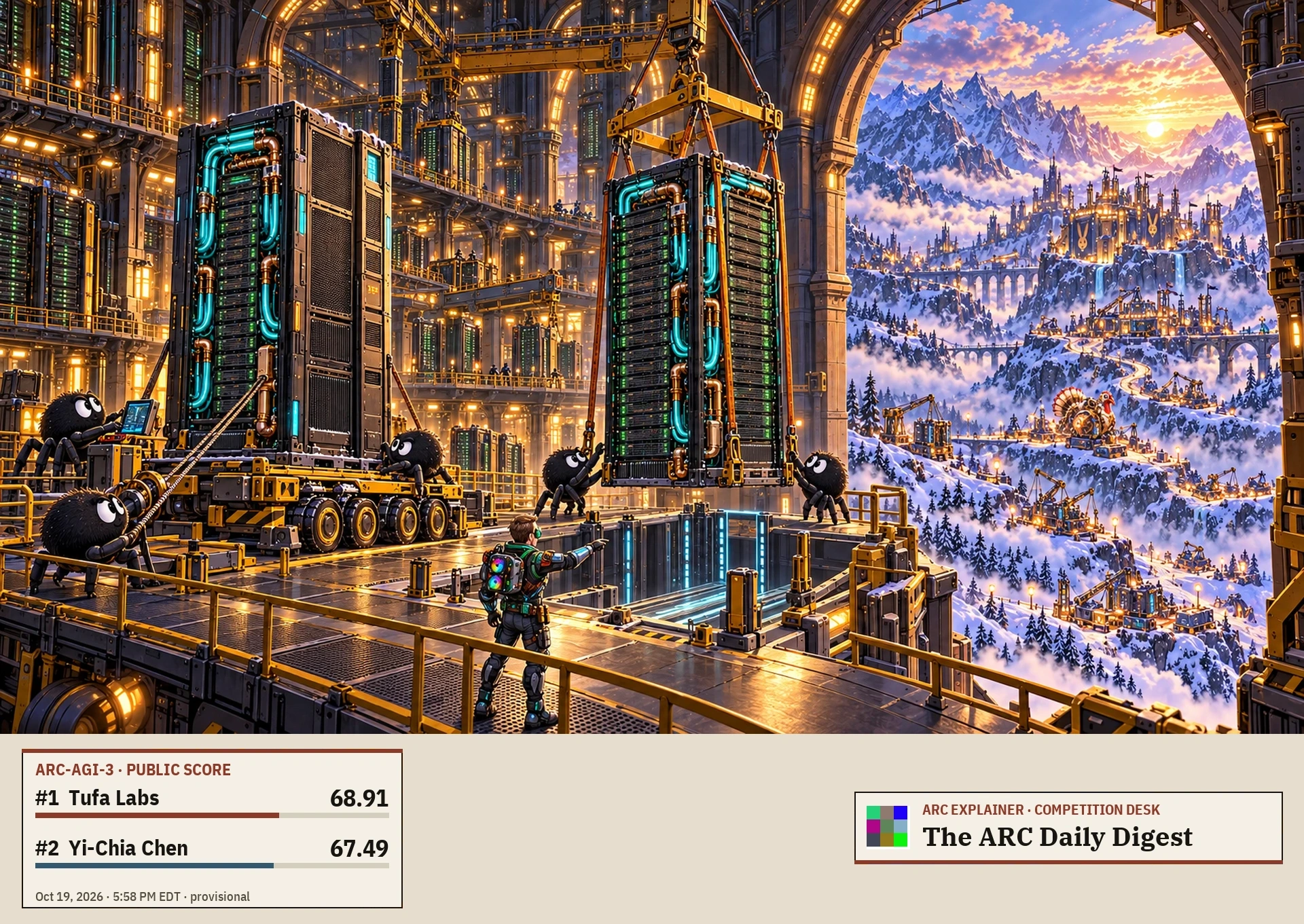 AI editorial illustration inside Tufa’s imagined data citadel: five spider mascots and Dries guide two racks into place above the snowy competition valley. ARC-AGI-3 public scores: Tufa Labs first, 68.91; Yi-Chia Chen second, 67.49. October 19, 2026, 5:58 PM EDT.