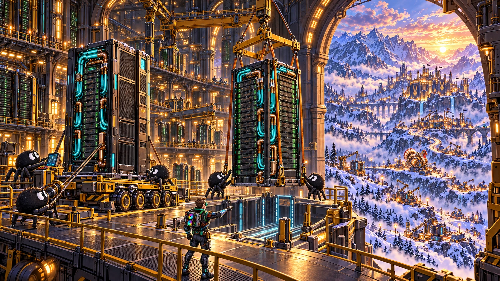 Five friendly black Tufa spider mascots and Dries Smit oversee two server racks in a vast imagined GPU citadel; distant rival strongholds appear through the arch.