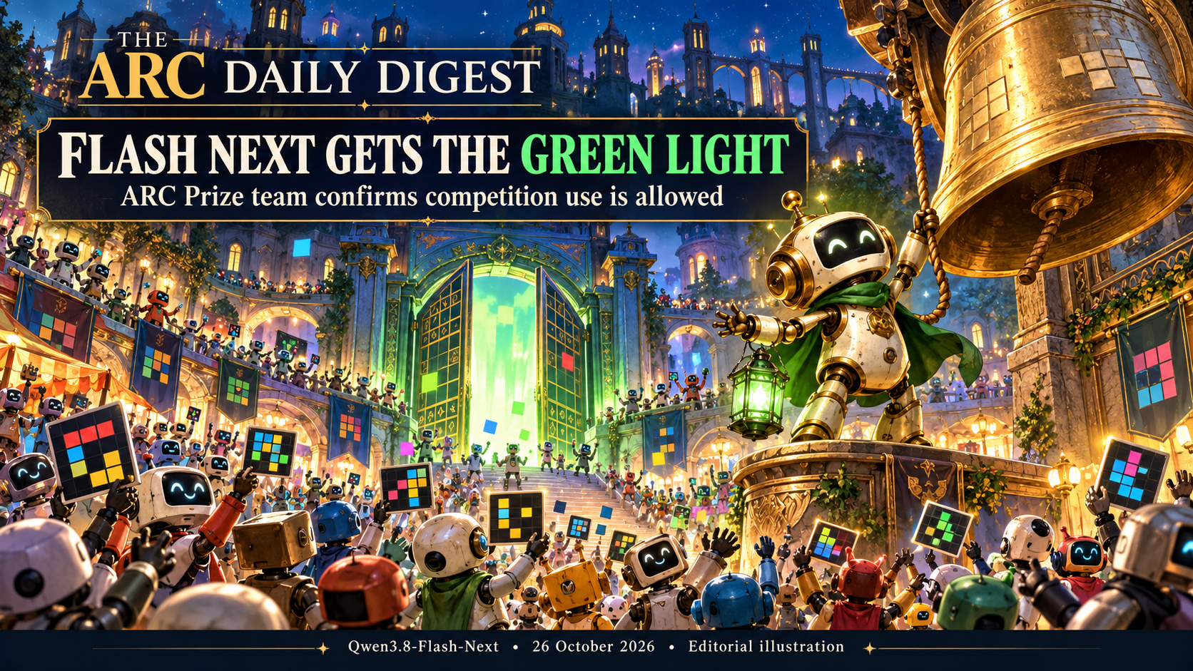 An original brass-and-ivory robot town crier rings a huge bell as green gates open before a celebrating crowd of puzzle-solving robots. Headline: Flash Next gets the green light. ARC Daily Digest editorial illustration.