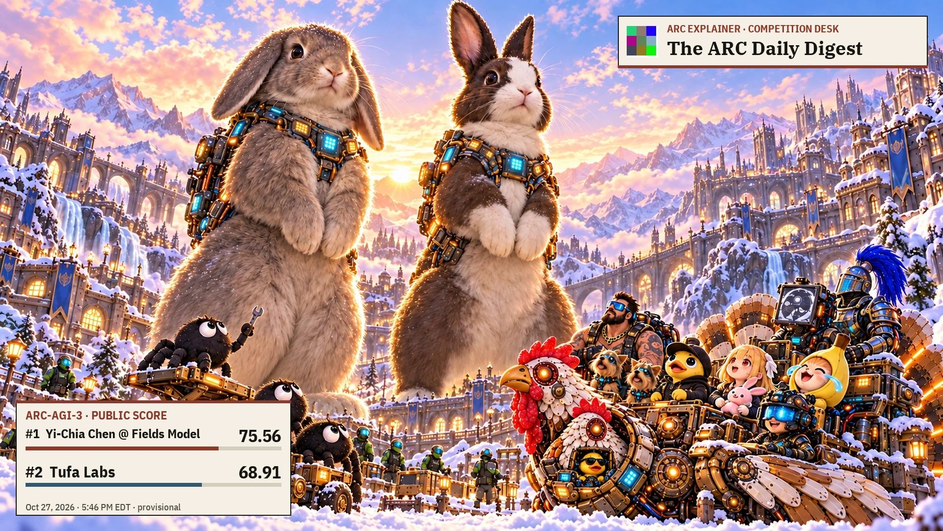 AI editorial illustration: two colossal owner-reference rabbits stand upright over a snowy sunrise plaza while five Tufa spider mascots, the full Turducken crew, both Yorkies and other engineers look up.