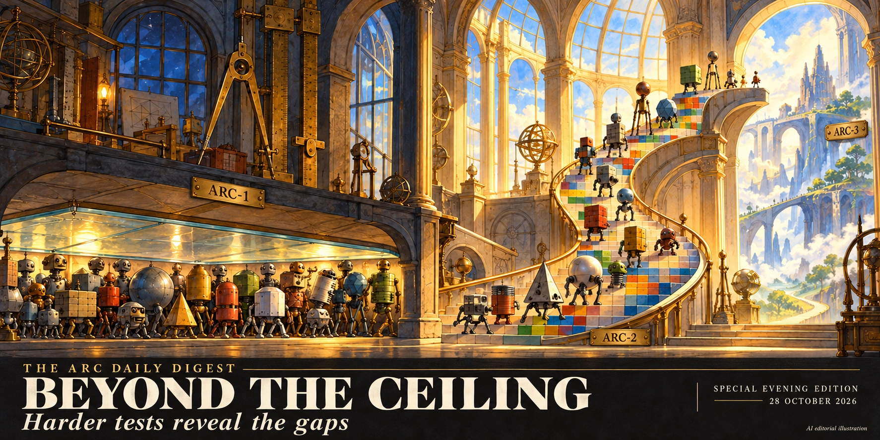 AI editorial illustration: puzzle-solving robots crowd under an ARC-1 glass ceiling, spread out on an ARC-2 staircase and face an open ARC-3 landscape.