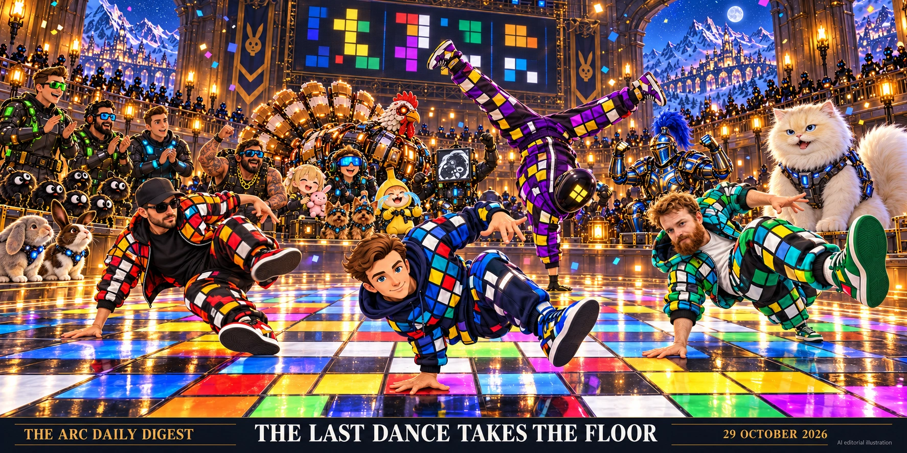 Florian Sestak at left, Lukas Aichberger at front centre, Mykyta Ielanskyi at right and a fictional masked dancer representing the unidentified gklambauer account breakdance on a luminous ARC-grid floor while the scoring-hall cast cheers.