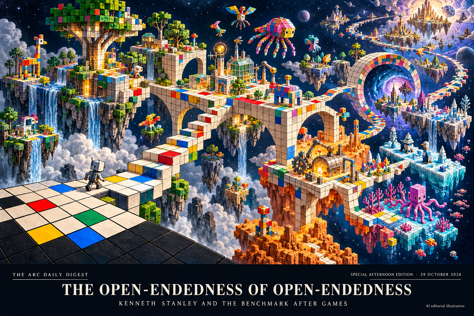 An ARC grid unfolds into branching islands of tiled creatures, laboratories, bridges and portals, with a small mechanical explorer following a path into new worlds.