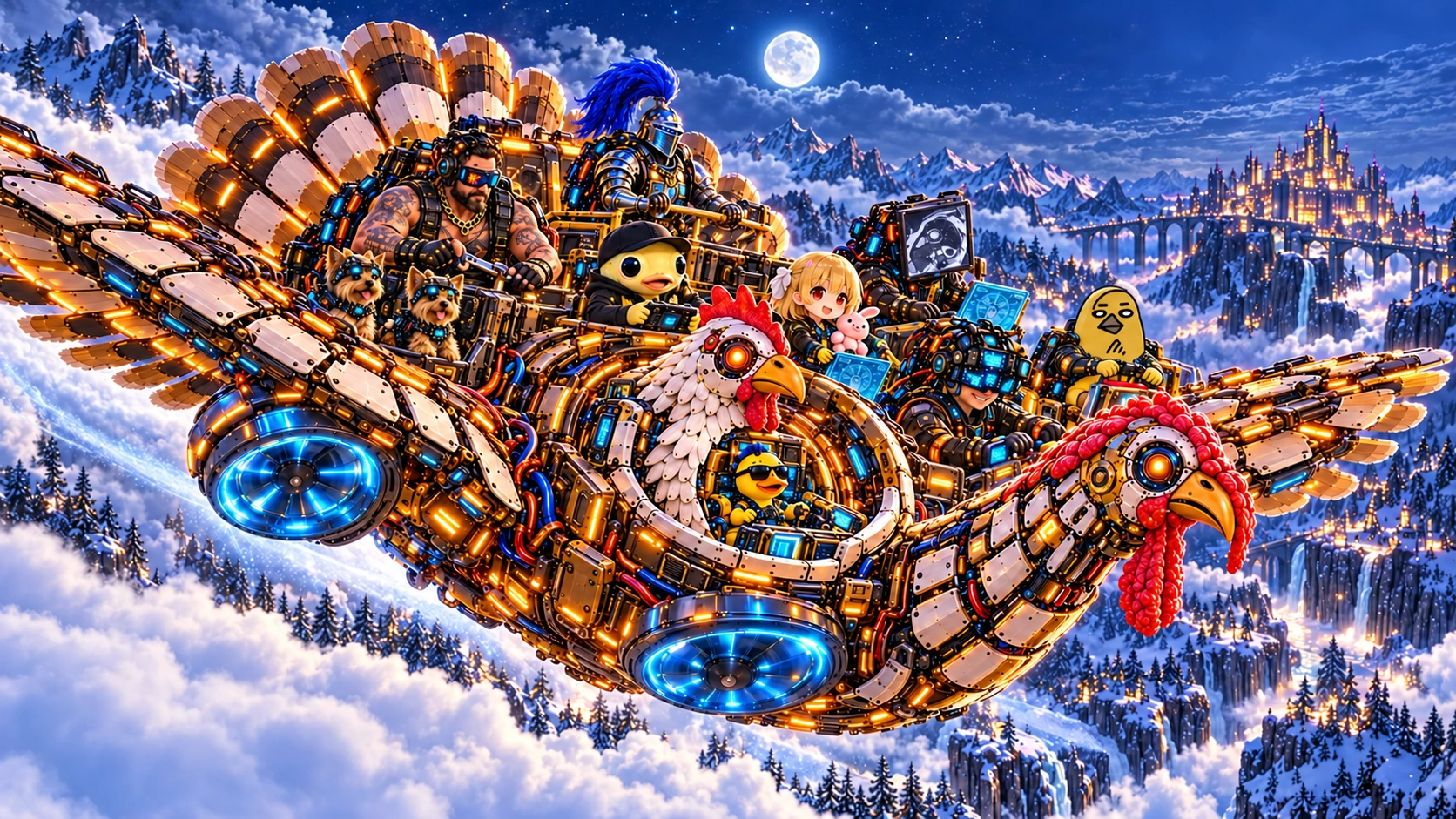 The complete Turducken crew aboard the mechanical airship, with NT’s corrected yellow-bird character and exactly two Yorkies.