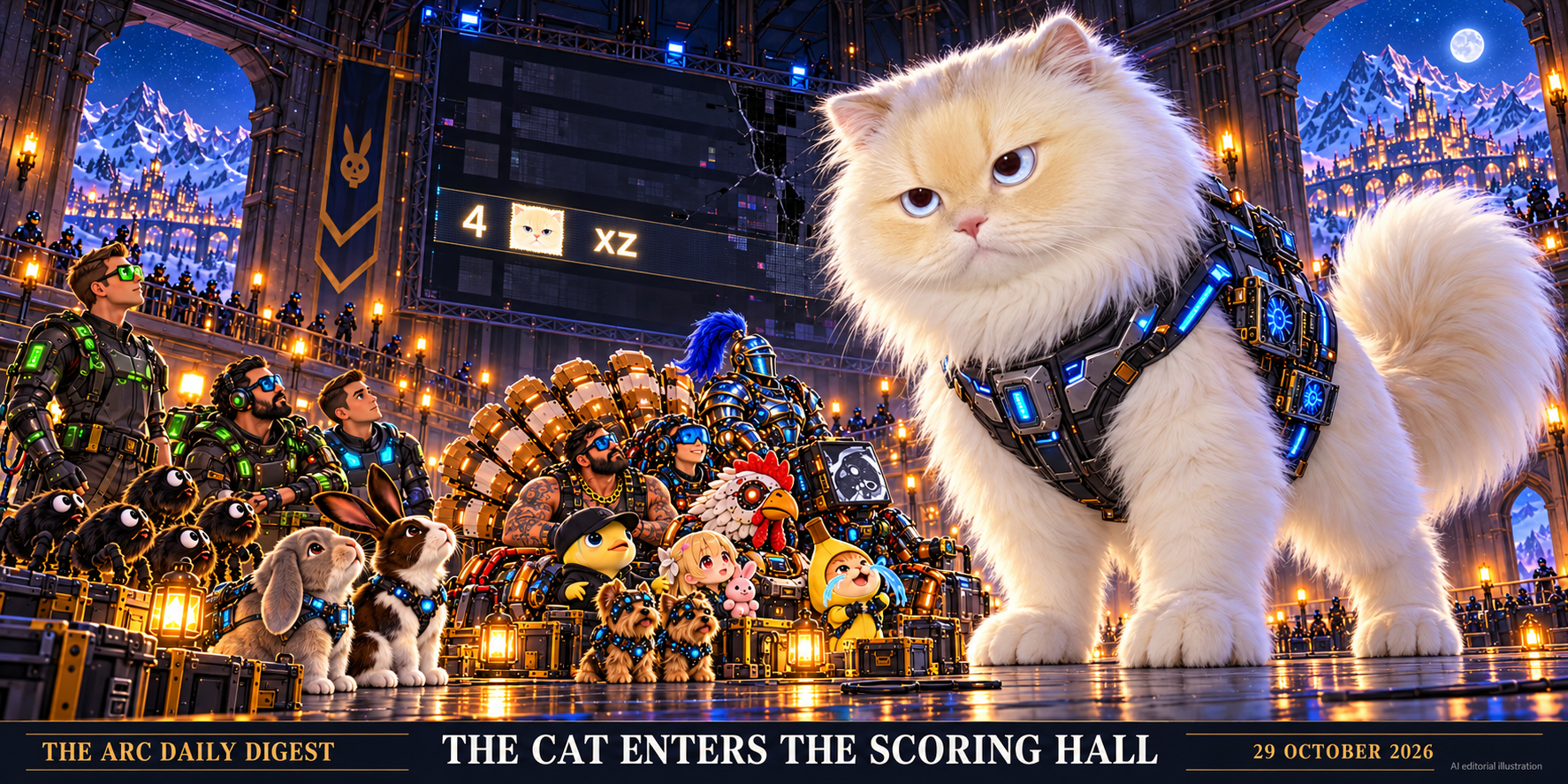 A gigantic cream-faced blue-eyed fluffy cat wearing a restrained GPU vest enters the scoring hall. Tall Dries, five spiders, Chen’s two rabbits, Puget and Ivan, seven Turducken crew members and two Yorkies all look warily toward it. A damaged screen shows 4, the cat icon and xz.