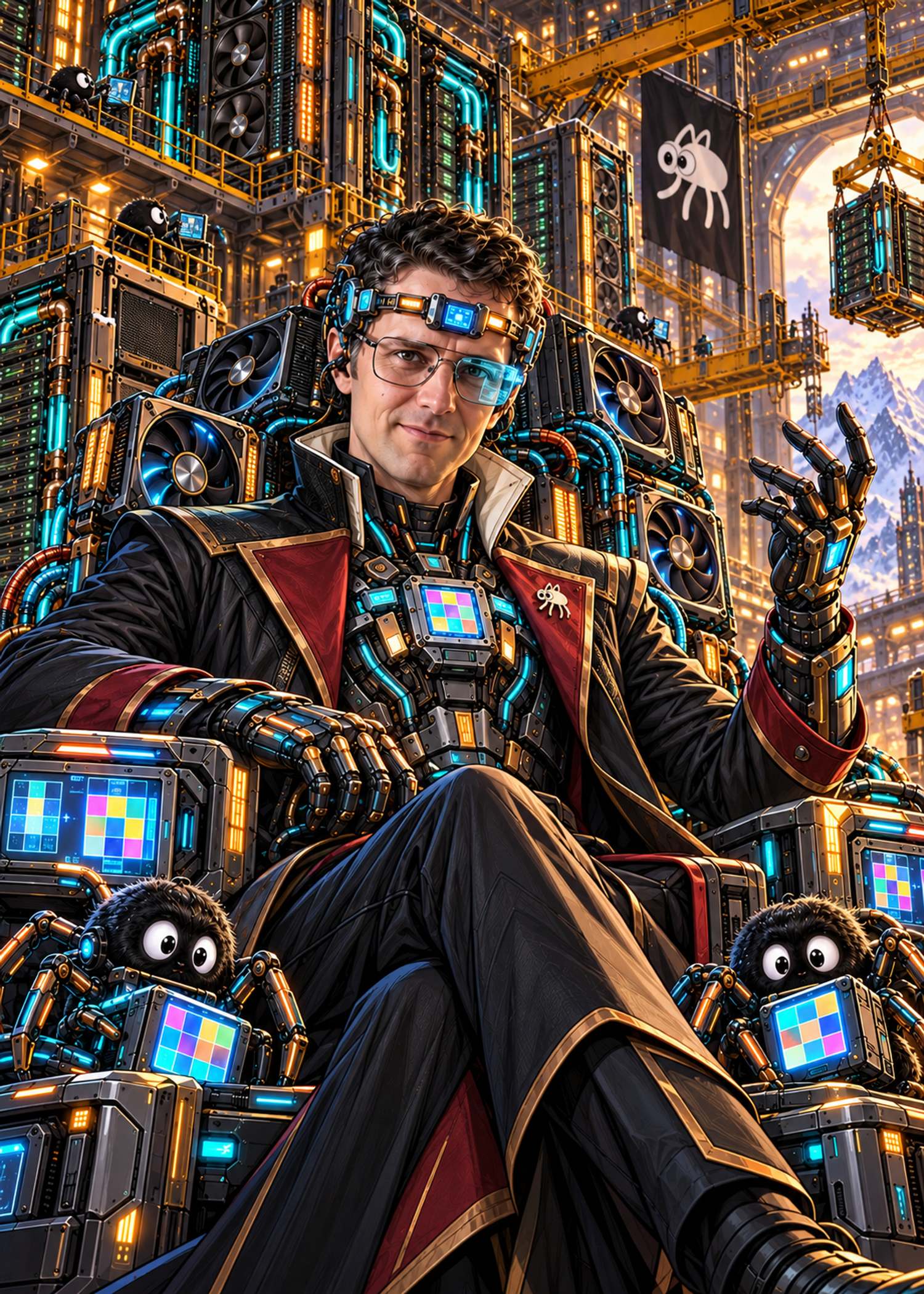 Jeroen Cottaar with glasses and a wry smile seated in the Tufa Citadel, wearing charcoal and ivory with restrained crimson, surrounded by monumental GPU racks and friendly black spiders.