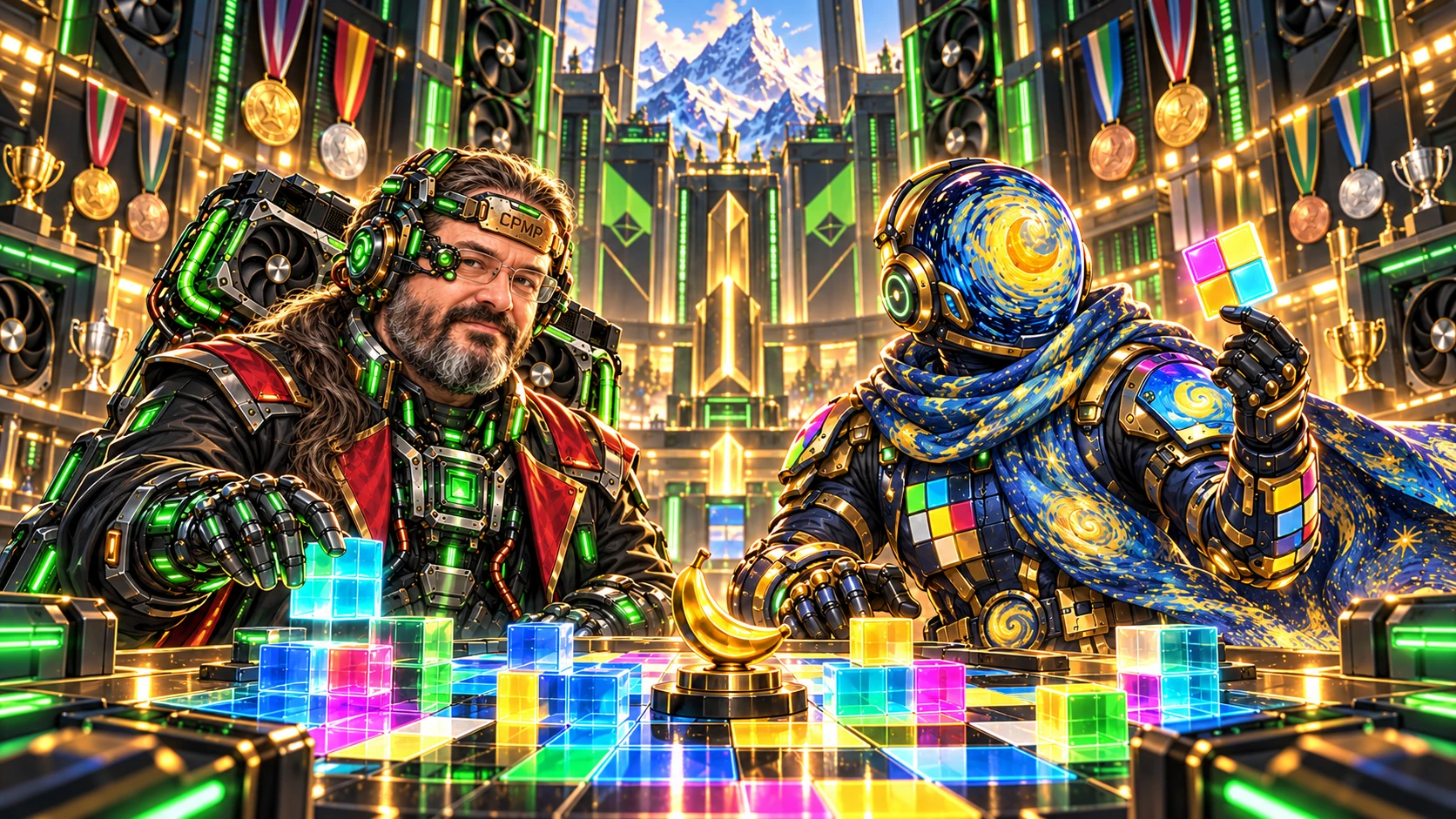 CPMP and Darragh’s opaque blue-and-gold starry avatar stand in an NVIDIA-themed hall filled with medals.