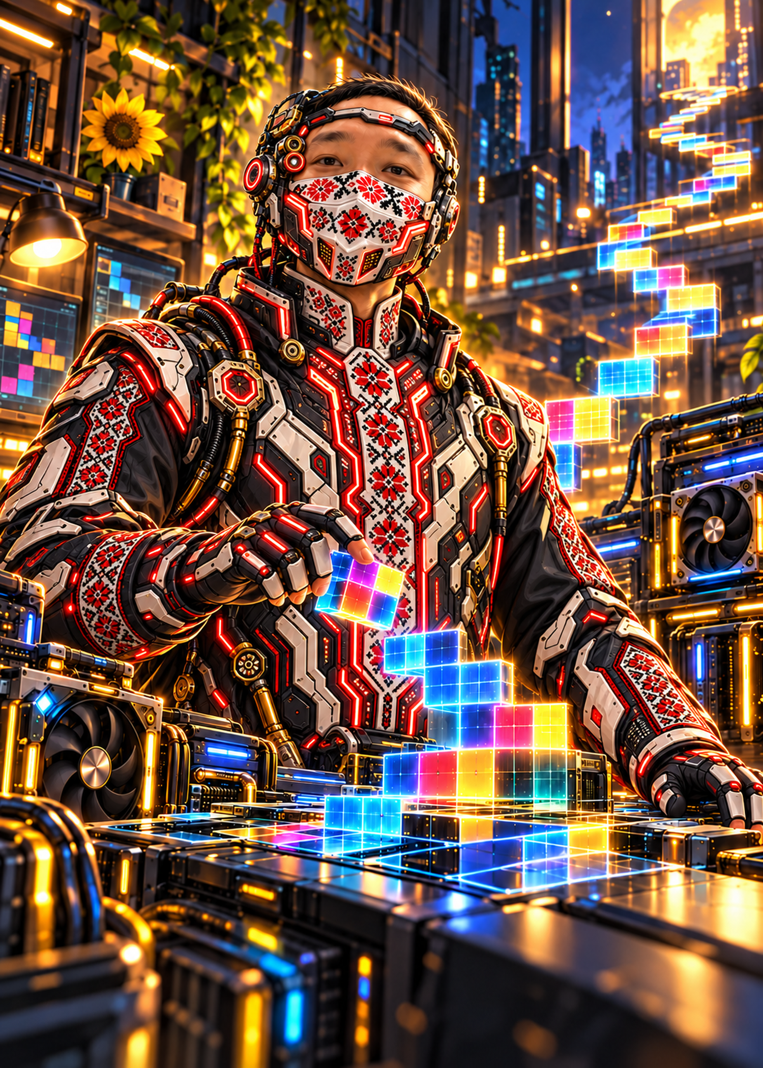 Chan Kha Vu’s illustrated character in an embroidered, red and black cyberpunk suit and patterned protective mask with mechanical headgear, building colorful ARC tiles.