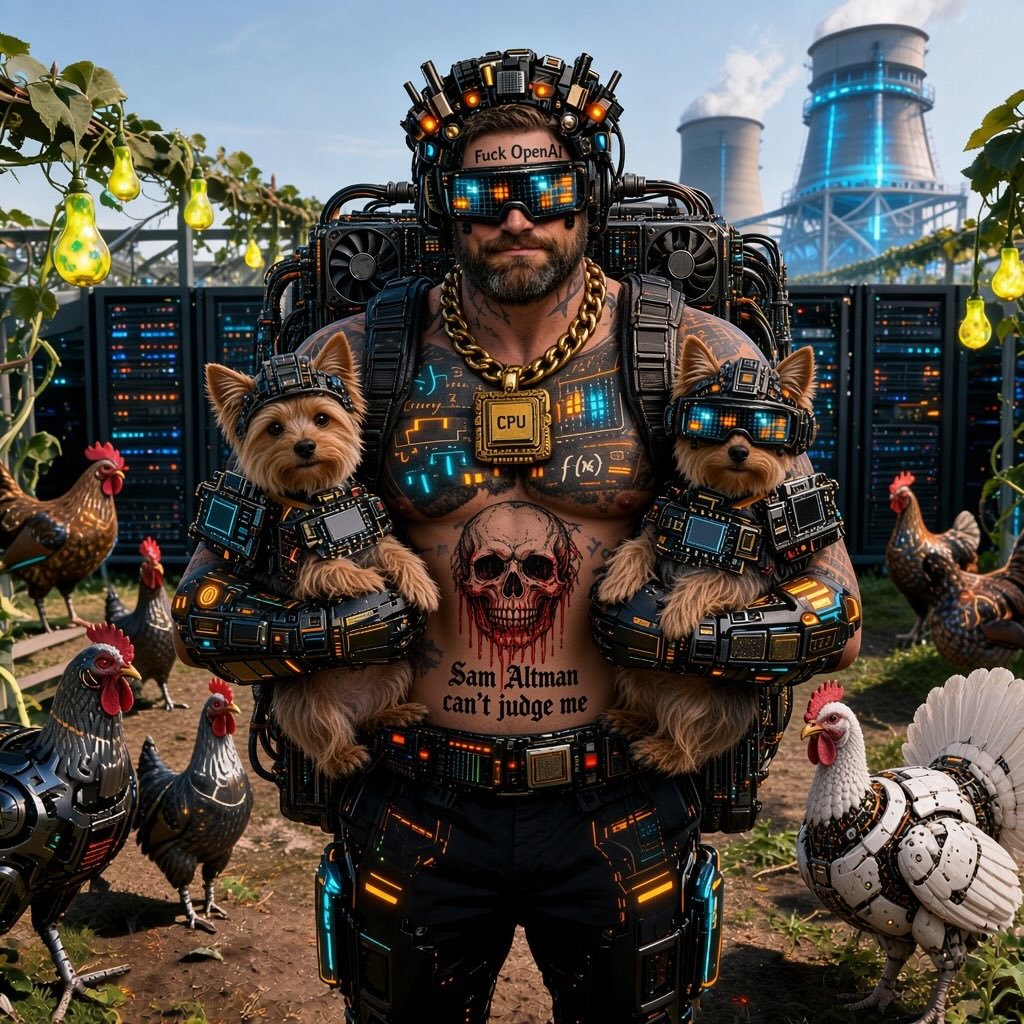 Editorial portrait of Mark Barney holding two Yorkies, wearing tattoos and an elaborate graphics-card rig.