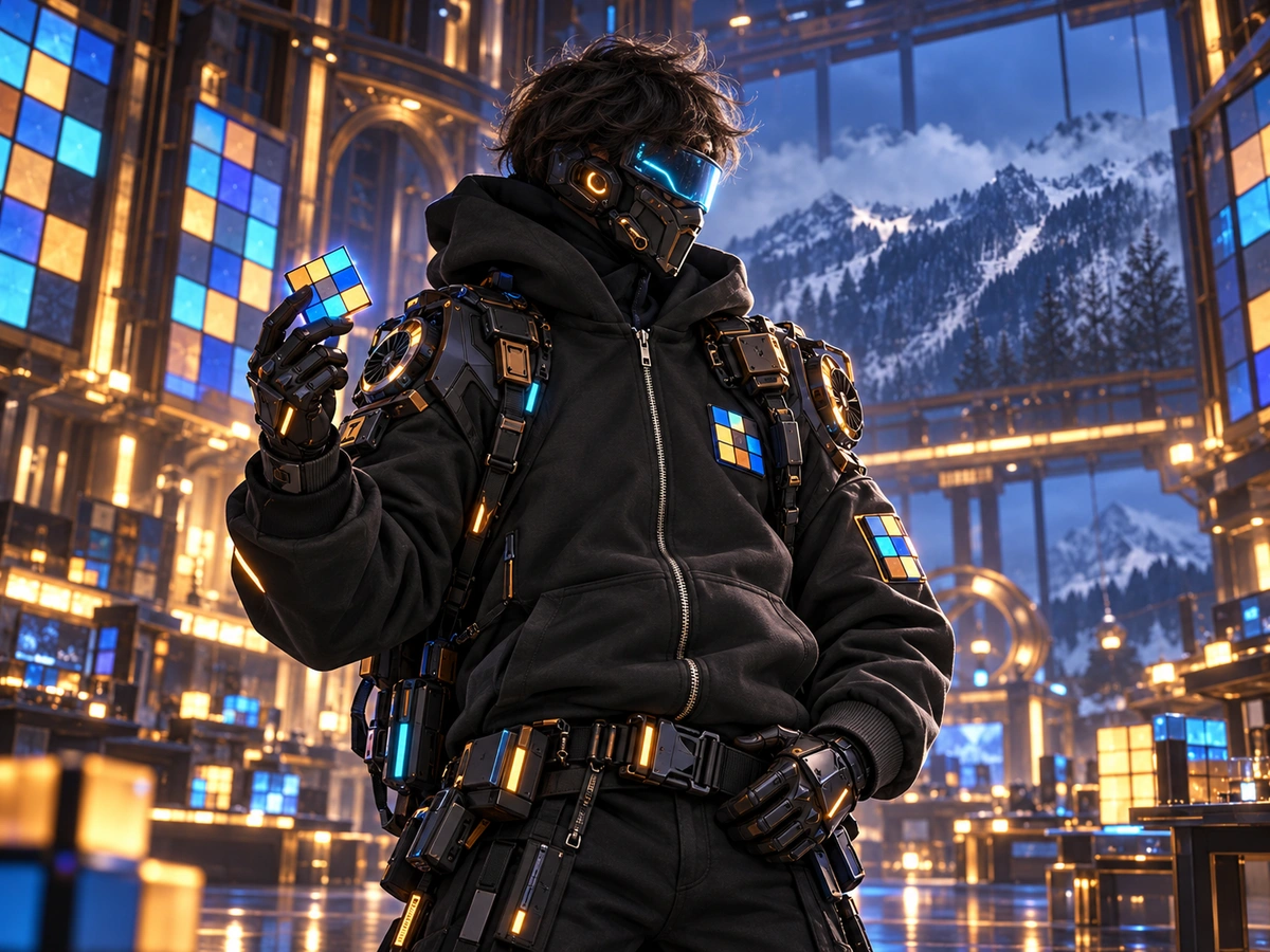Yegor’s anonymous cyber-engineer character: tousled dark hair, black zip hoodie, cyan visor and face covering, with ARC-grid gear.