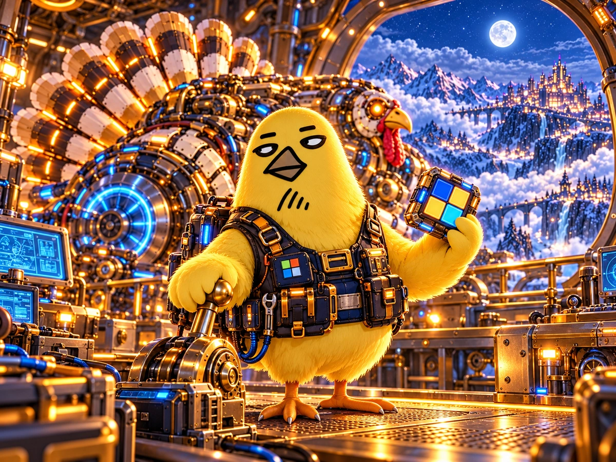 NT’s own yellow bird character with black eyebrows and a broad ochre beak, wearing ARC-grid Turducken engineering gear.