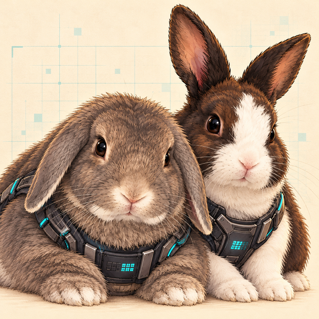 AI editorial portrait of Yi-Chia Chen’s two-rabbit avatar: a gray lop and a dark upright-eared rabbit with a white blaze.