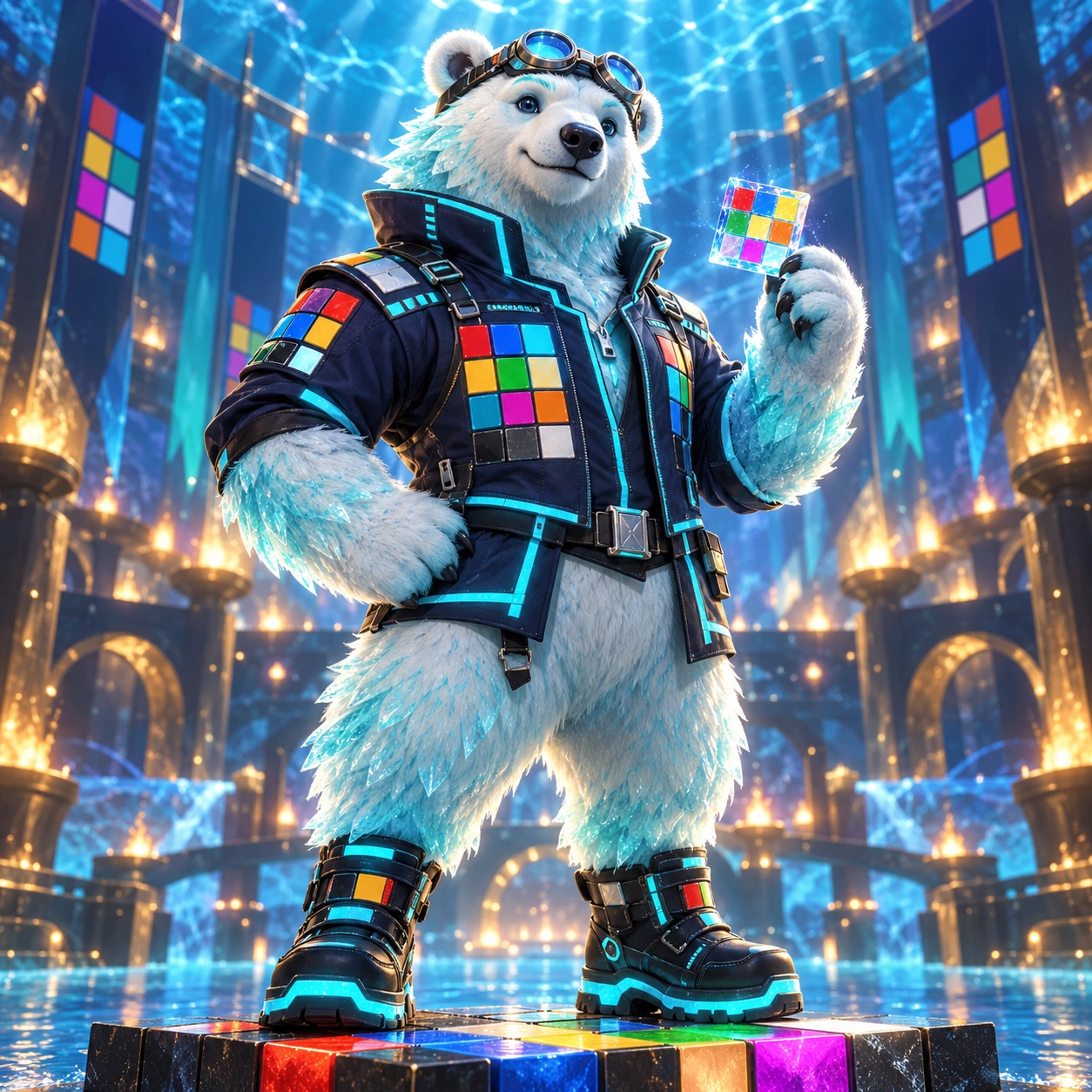 Original fictional white/aqua polar bear mascot, goggles on forehead, navy ARC jacket, held puzzle tile and visible boots.
