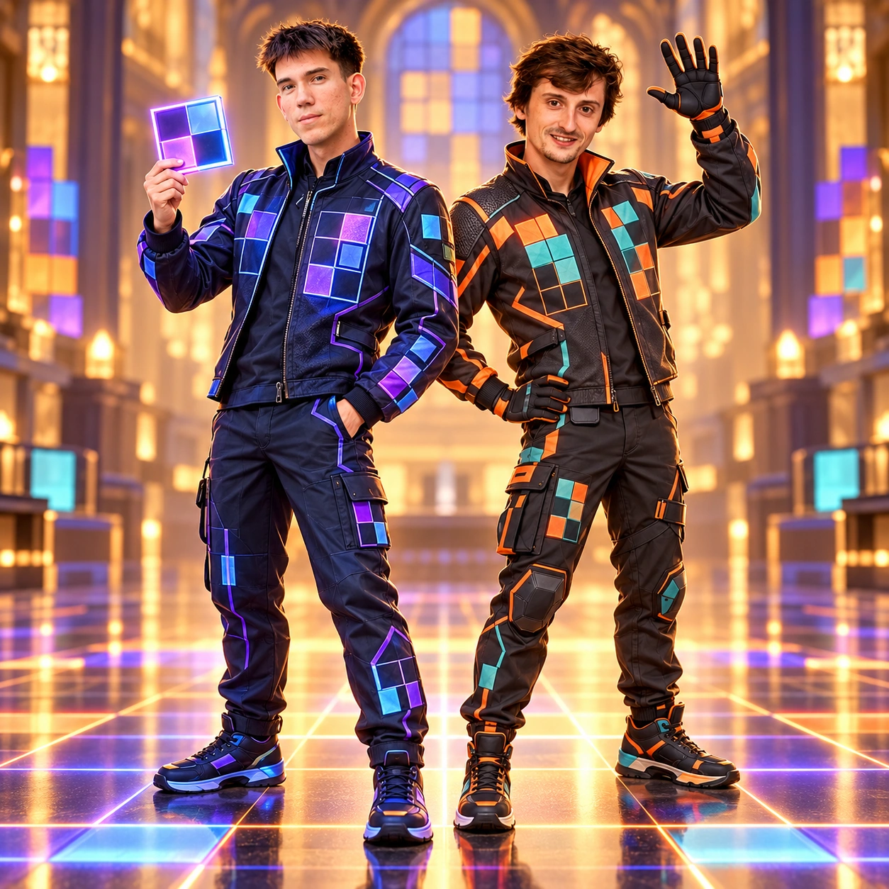 Richard Csaky left: short textured dark hair, clean-shaven face, blue/violet ARC suit. Côme Chevalier right: longer tousled brown hair, moustache/stubble, orange/teal ARC suit and raised glove.