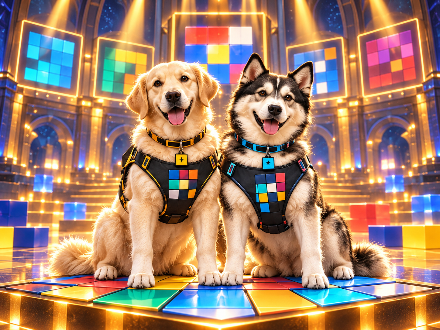 Darren’s cream floppy-eared dog and dark/white husky together in ARC-grid racing harnesses.