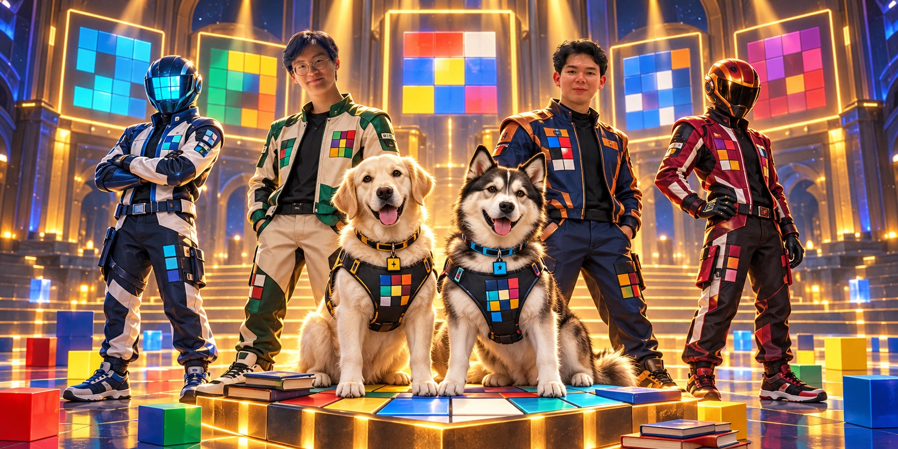Darren’s two own-avatar dogs with Alwin/Yassir own-face characters and fictional Billy/Tri helmeted stand-ins: six figures represent five roster accounts.