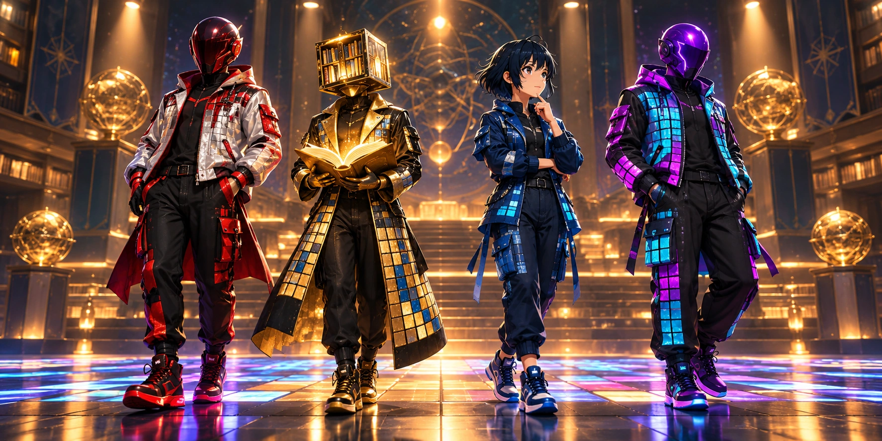 Left-to-right: red opaque-helmet Grigoriy stand-in; gold library-headed mascot for aizealotwu; dark-blue-haired anime owner-avatar adaptation for deepdreamer; violet opaque-helmet Florencia stand-in.
