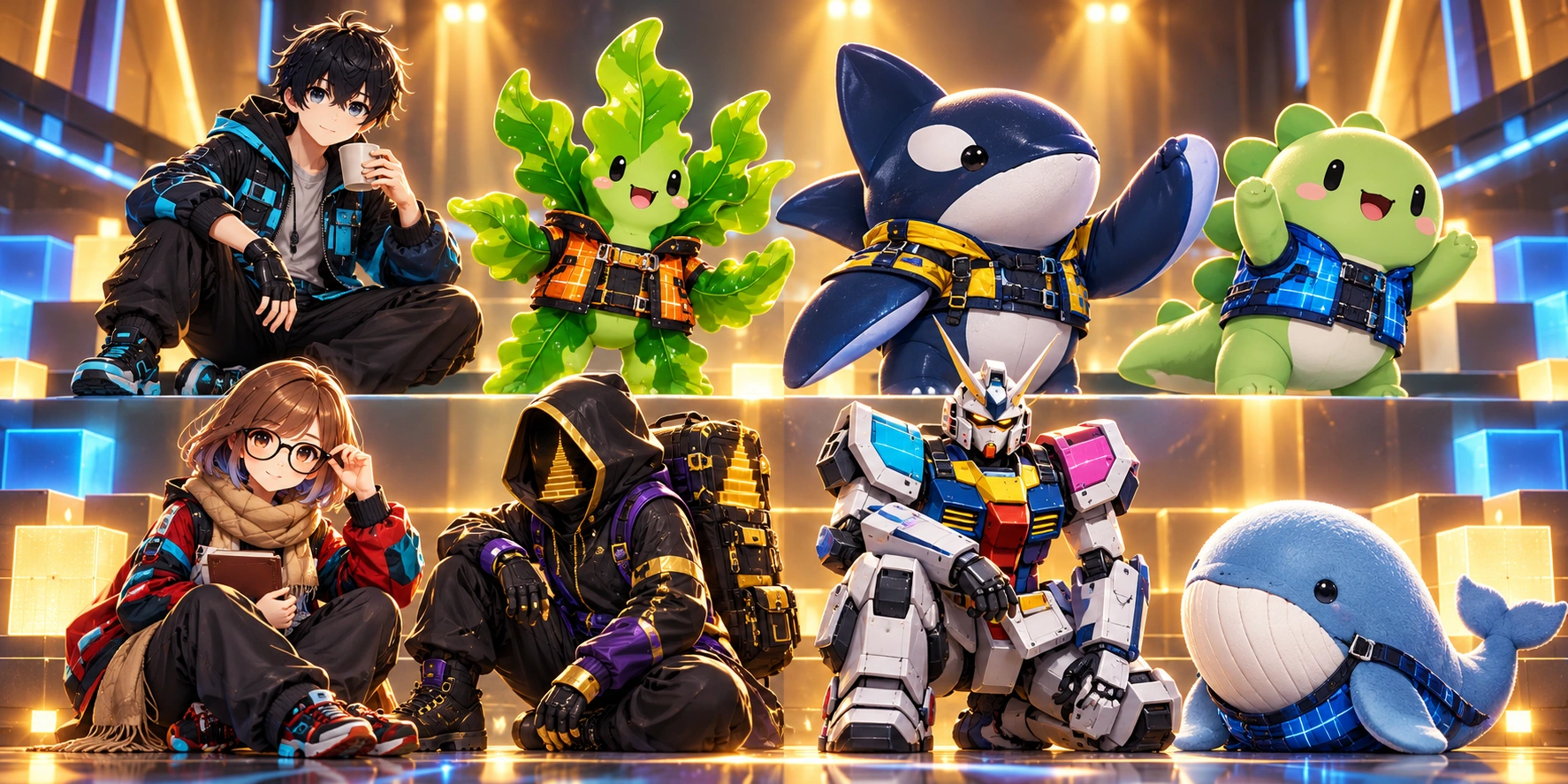 Upper row, left-to-right: isakatsuyoshi cup-holder; konbu17 seaweed; pompom555 orca; refv00 green dinosaur. Lower row: tanakaai24 glasses/scarf/book; tk256ailab opaque stairway explorer; ttyn4519 white/navy/red/yellow robot; yuto0712 blue whale.