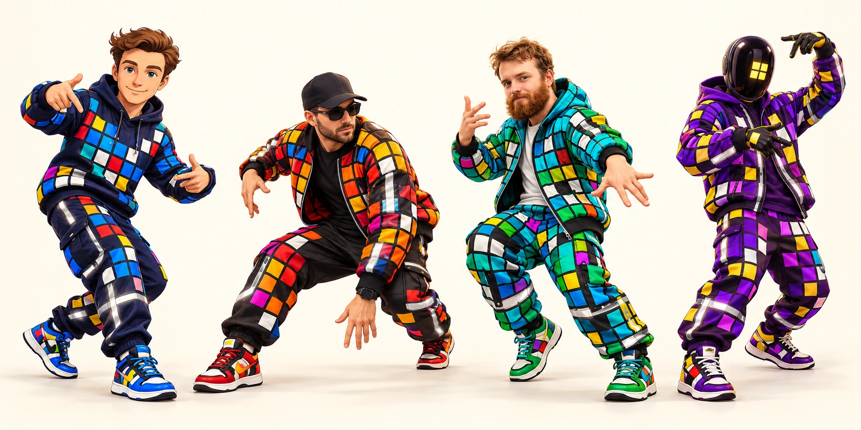 Four compact adult ARC-grid breakdancers: three verified identities and an explicitly fictional masked stand-in for gklambauer.