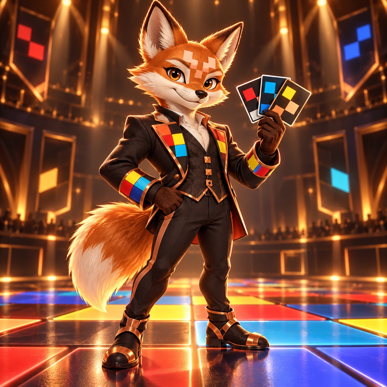 Original fictional copper fox account mascot: peach geometric brow markings, charcoal/copper ARC blazer, one tail and three abstract square-backed cards.