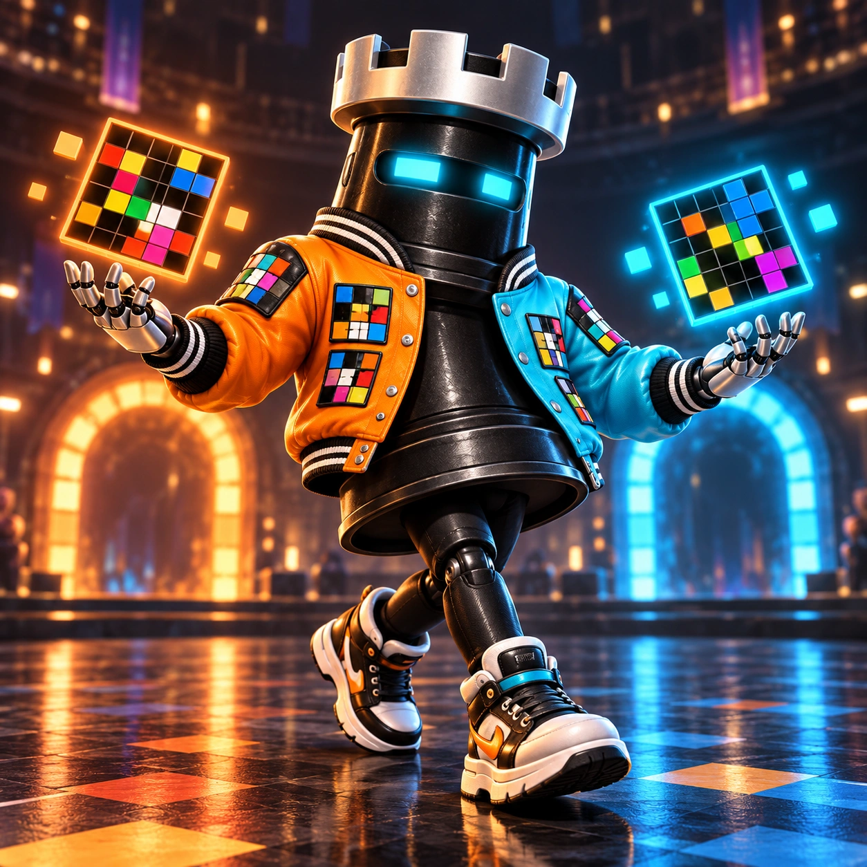 Original fictional account mascot with two ARC grids, representing the same handle’s separate entries. Preserve its rook-like silhouette and fantasy costume.