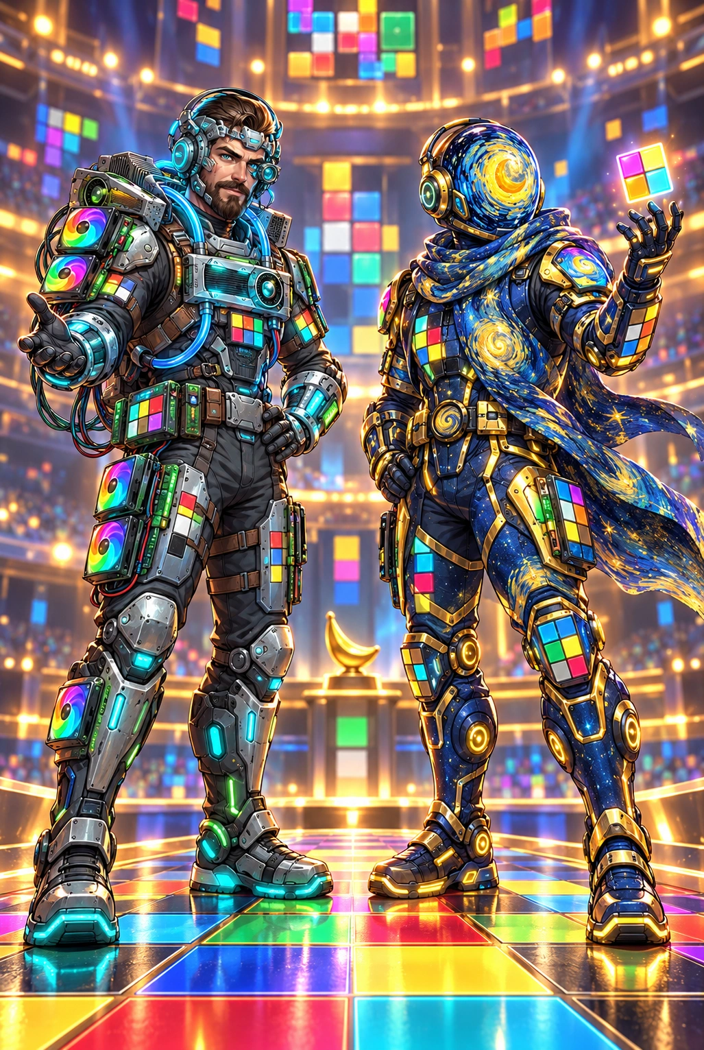 Jean-François Puget at left: established bearded cyan-lit cyber-engineer from his own individual Hall-of-Fame character. Darragh Hanley’s account at right: original opaque blue/gold spiral celestial figure adapted from his own painting avatar.