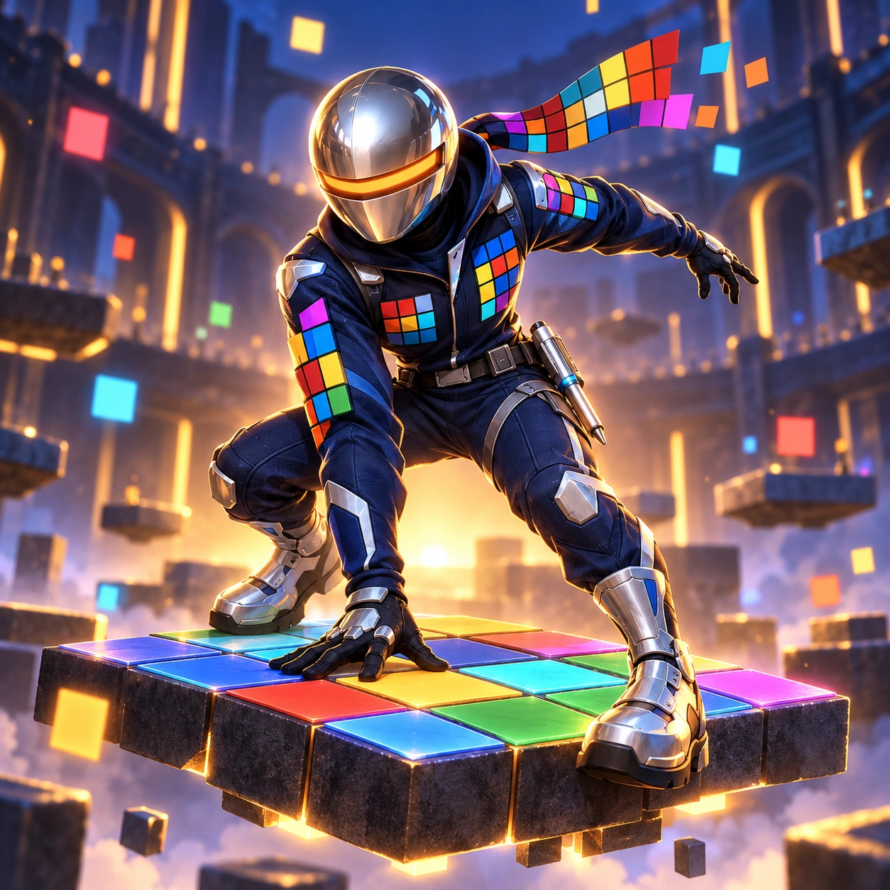 Original fictional account mascot: opaque mirrored silver helmet, orange visor, cobalt/silver racer suit, ARC-grid panels and pixel scarf. No real human face.